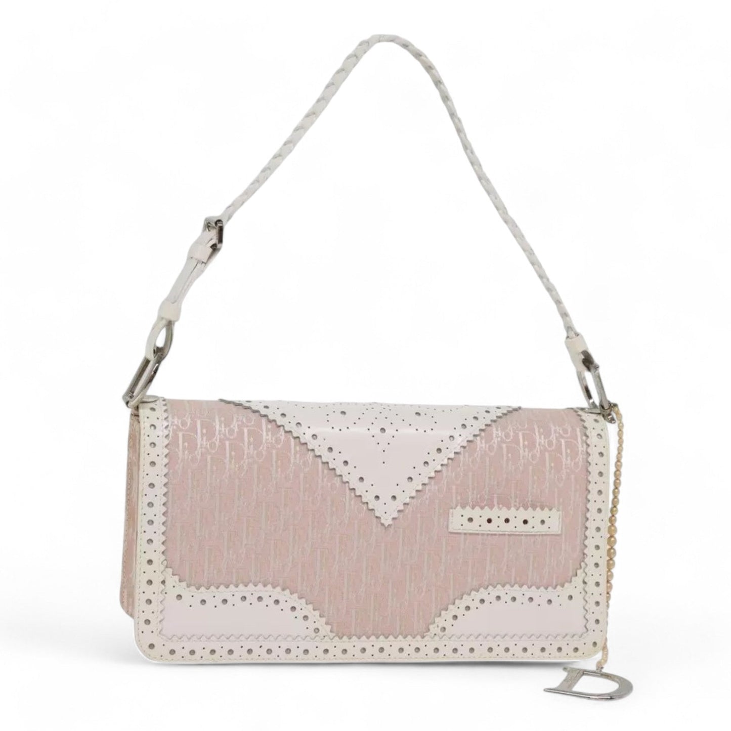 Christian Dior Trotter Canvas Shoulder Bag Pink White Women's Handbag Made in Italy