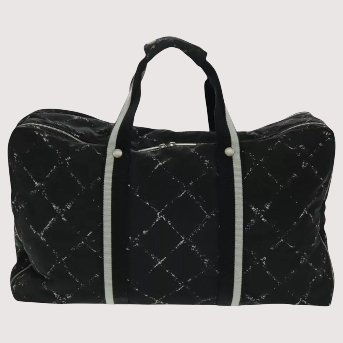 Chanel Travel Line Boston Bag Nylon Black Silver Unisex Large Tote Travel Bag