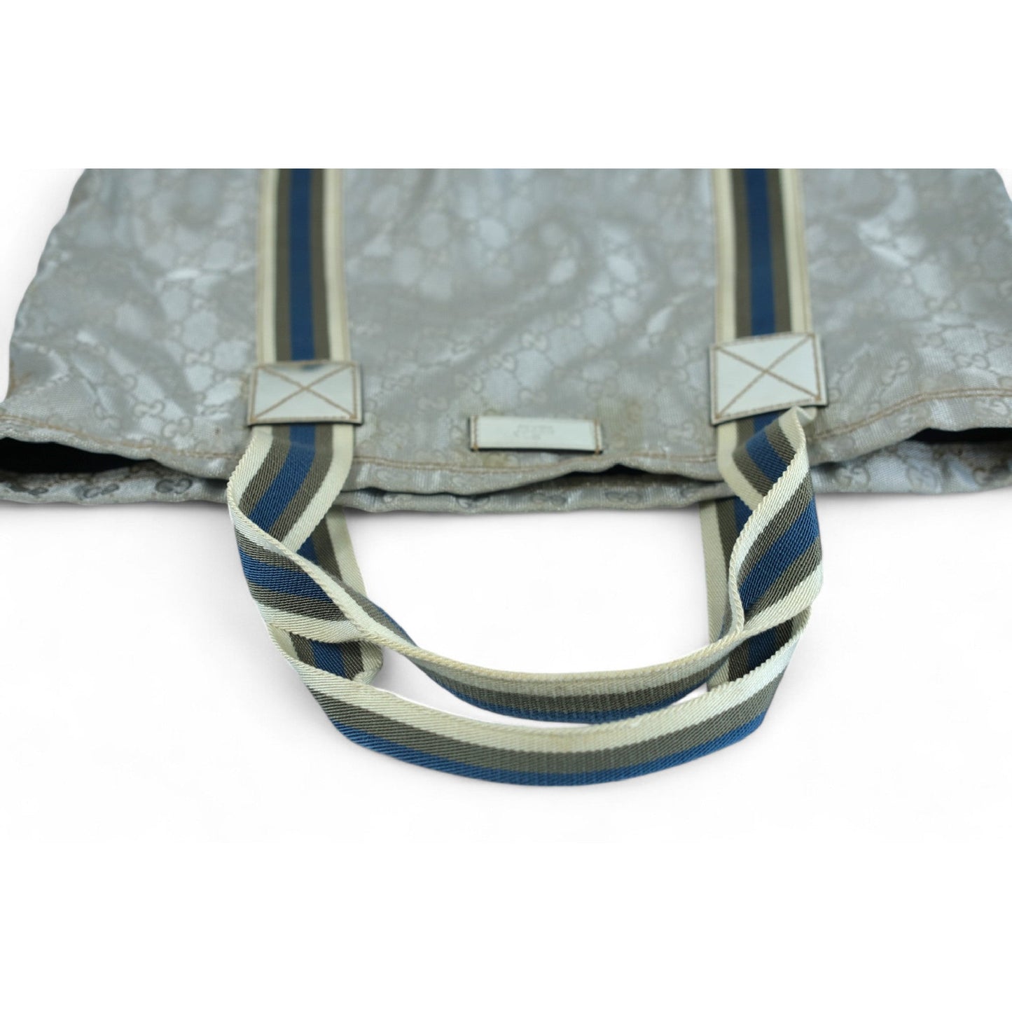 Gucci Tote Bag Silver Blue Striped Handles Unisex Made in Italy Designer Handbag Large