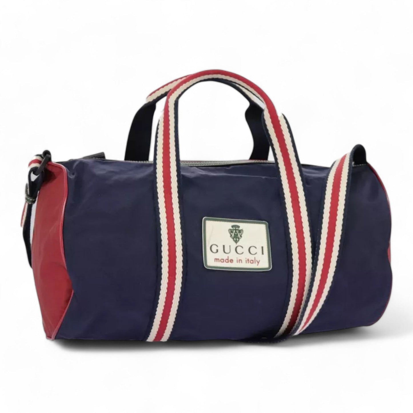 Gucci Sherry Line Hand Bag Nylon 2way Navy Red Shoulder Strap Handle Drop Vintage Unisex Made in Italy