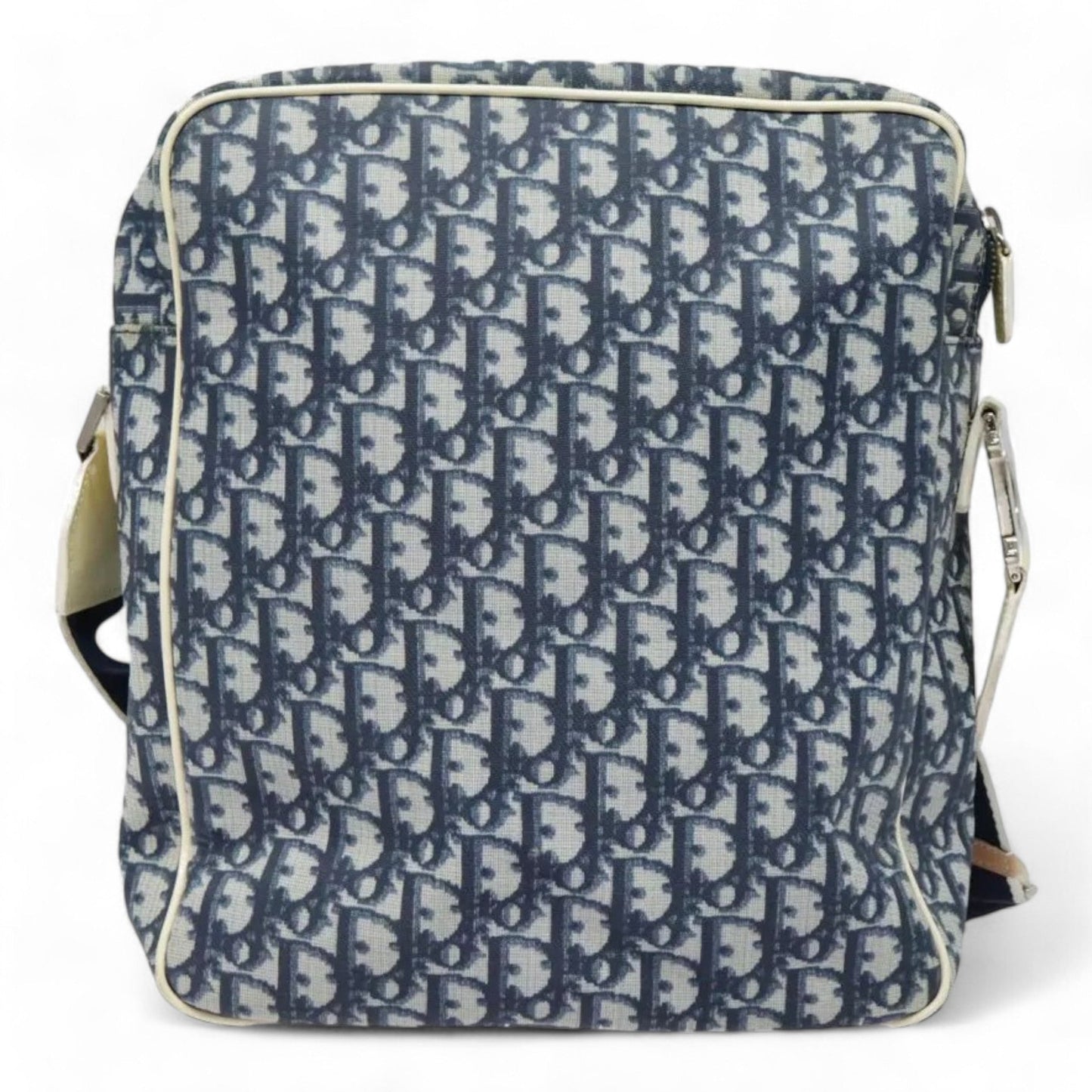Christian Dior Vintage Trotter Canvas Shoulder Bag Navy Silver Adjustable Strap