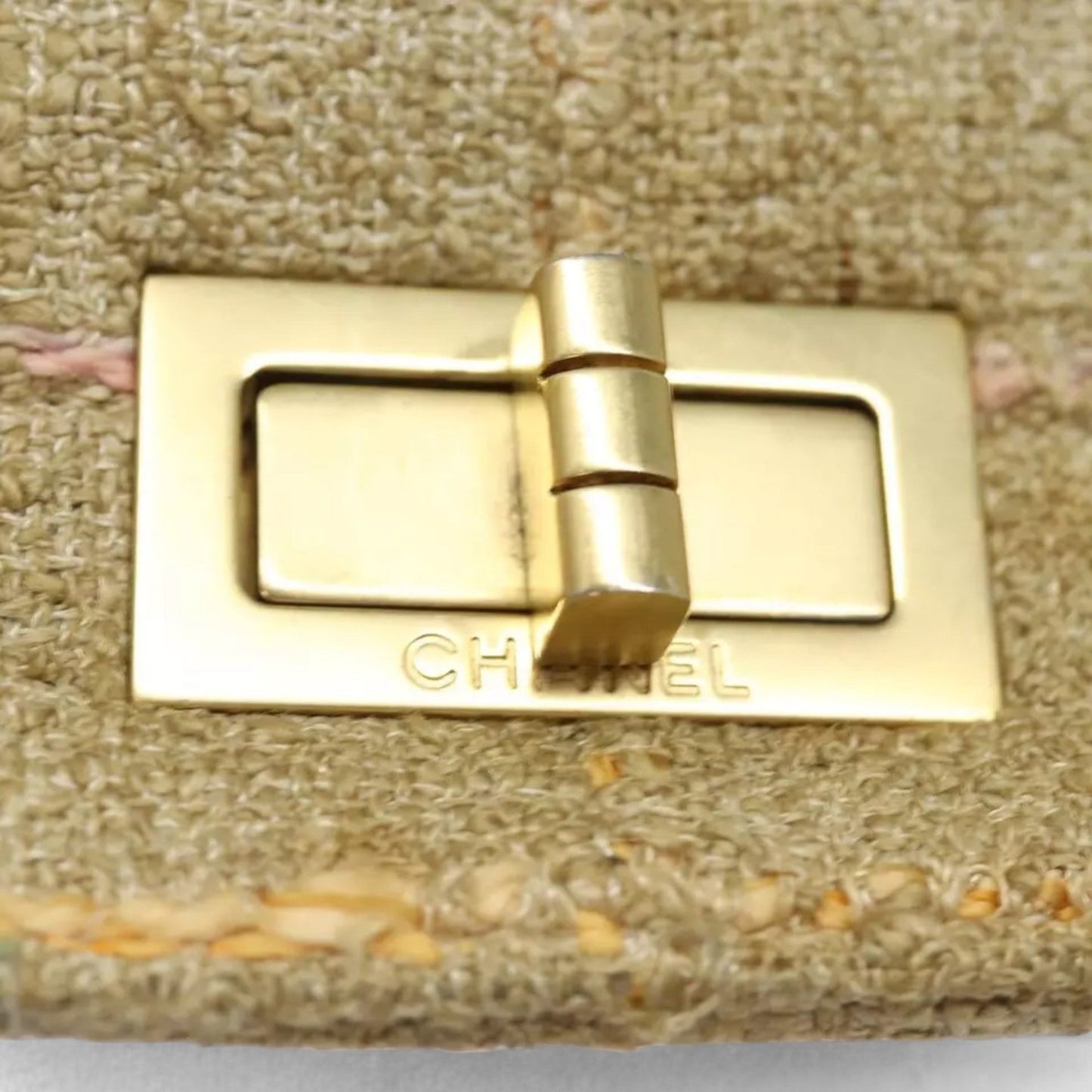 CHANEL Choco Bar Turn Lock Shoulder Bag Wool Women Vintage Multicolor Beige Gold Hardware