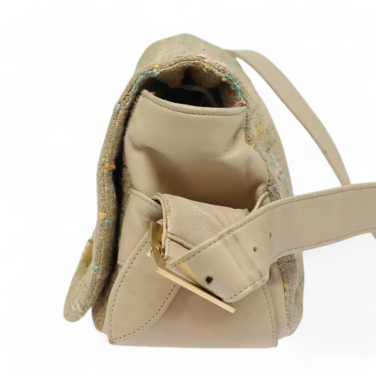 CHANEL Choco Bar Turn Lock Shoulder Bag Wool Women Vintage Multicolor Beige Gold Hardware