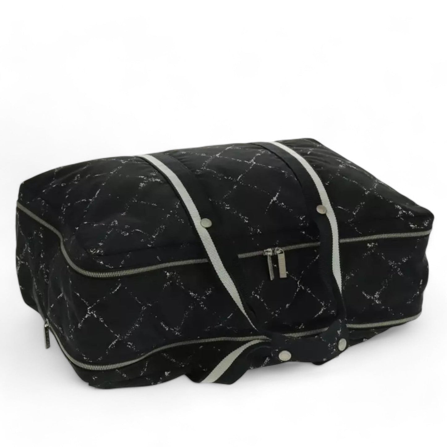 Chanel Travel Line Boston Bag Nylon Black Silver Unisex Large Tote Travel Bag