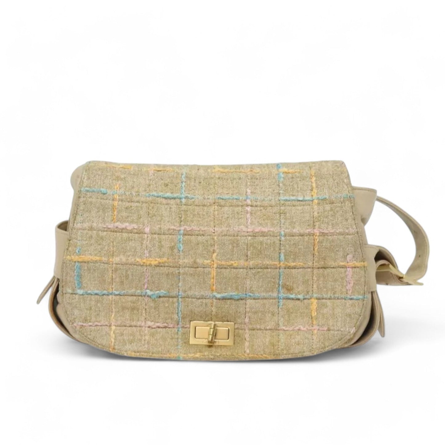 CHANEL Choco Bar Turn Lock Shoulder Bag Wool Women Vintage Multicolor Beige Gold Hardware