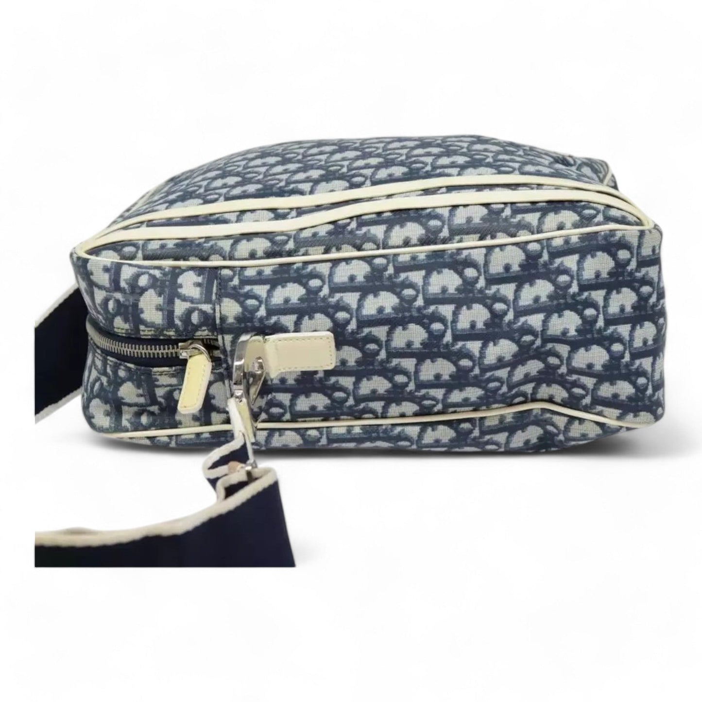 Christian Dior Vintage Trotter Canvas Shoulder Bag Navy Silver Adjustable Strap