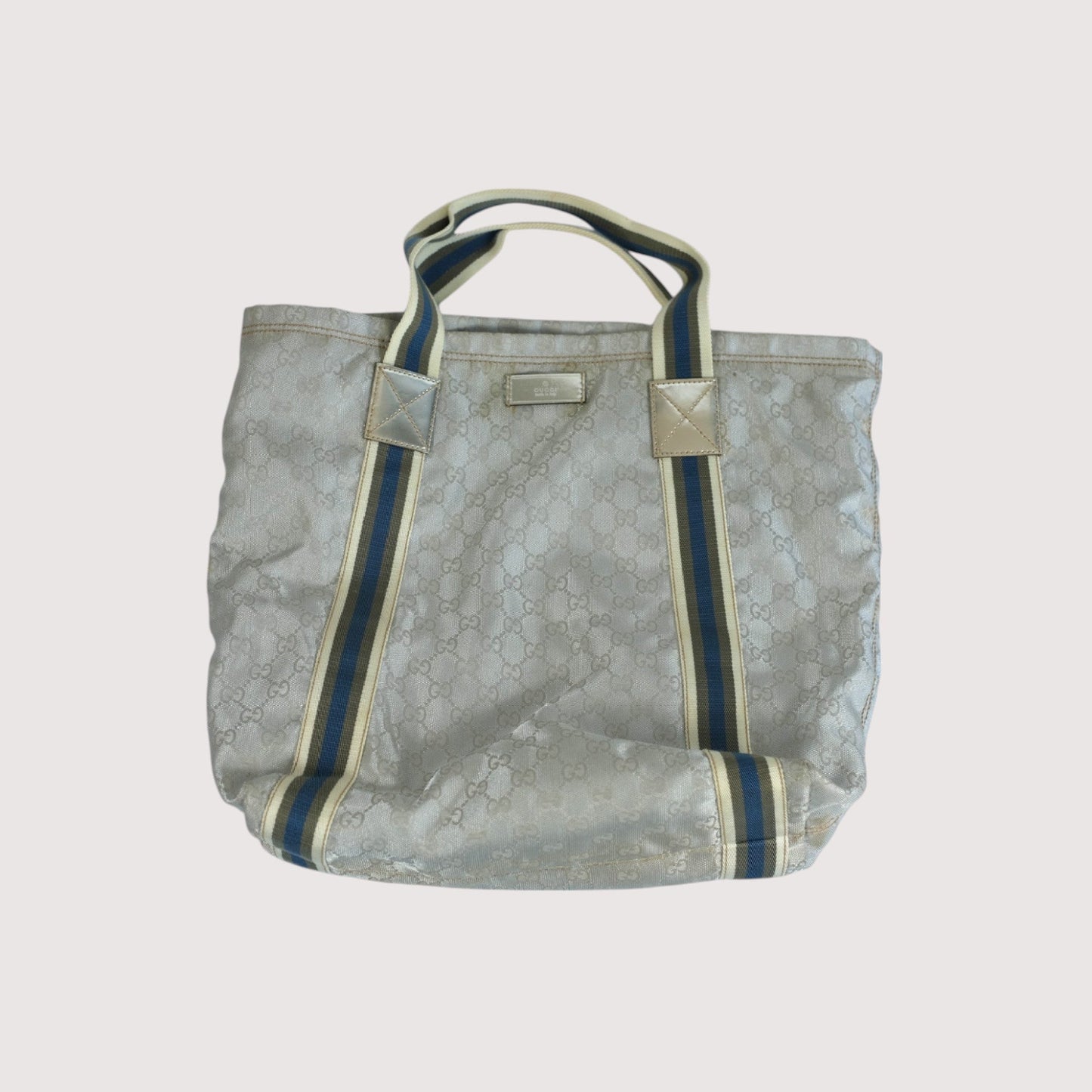 Gucci Tote Bag Silver Blue Striped Handles Unisex Made in Italy Designer Handbag Large