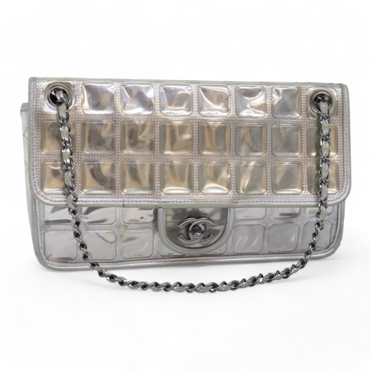 CHANEL Ice Cube Chain Turn Lock Bag Vinyl Silver Shoulder Bag