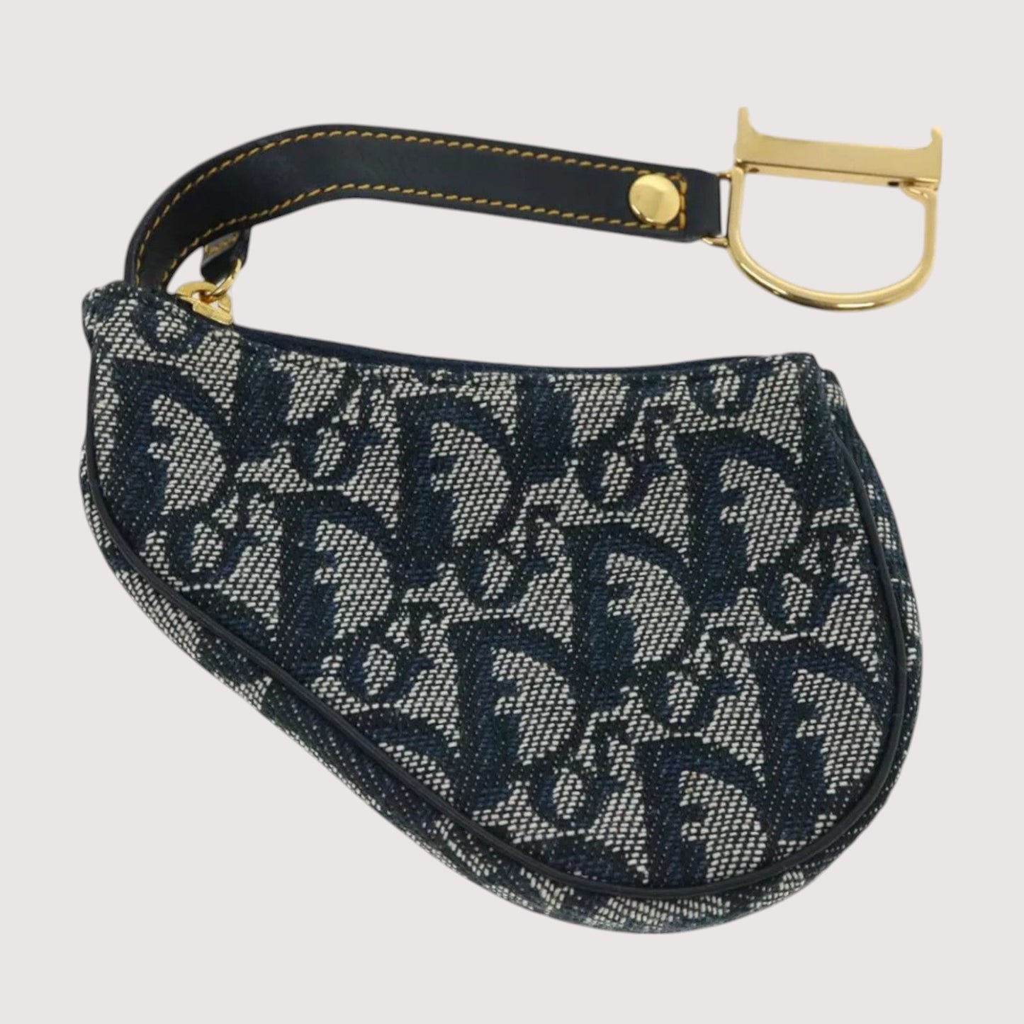 Christian Dior Trotter Canvas Saddle Coin Purse Navy Blue Gold Hardware Women's Handbag