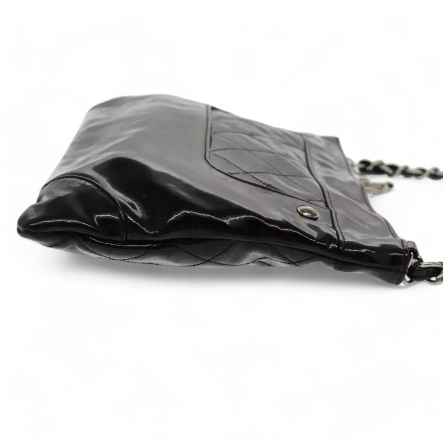 CHANEL Matelasse Chain Shoulder Bag Patent Leather Black Silver CC