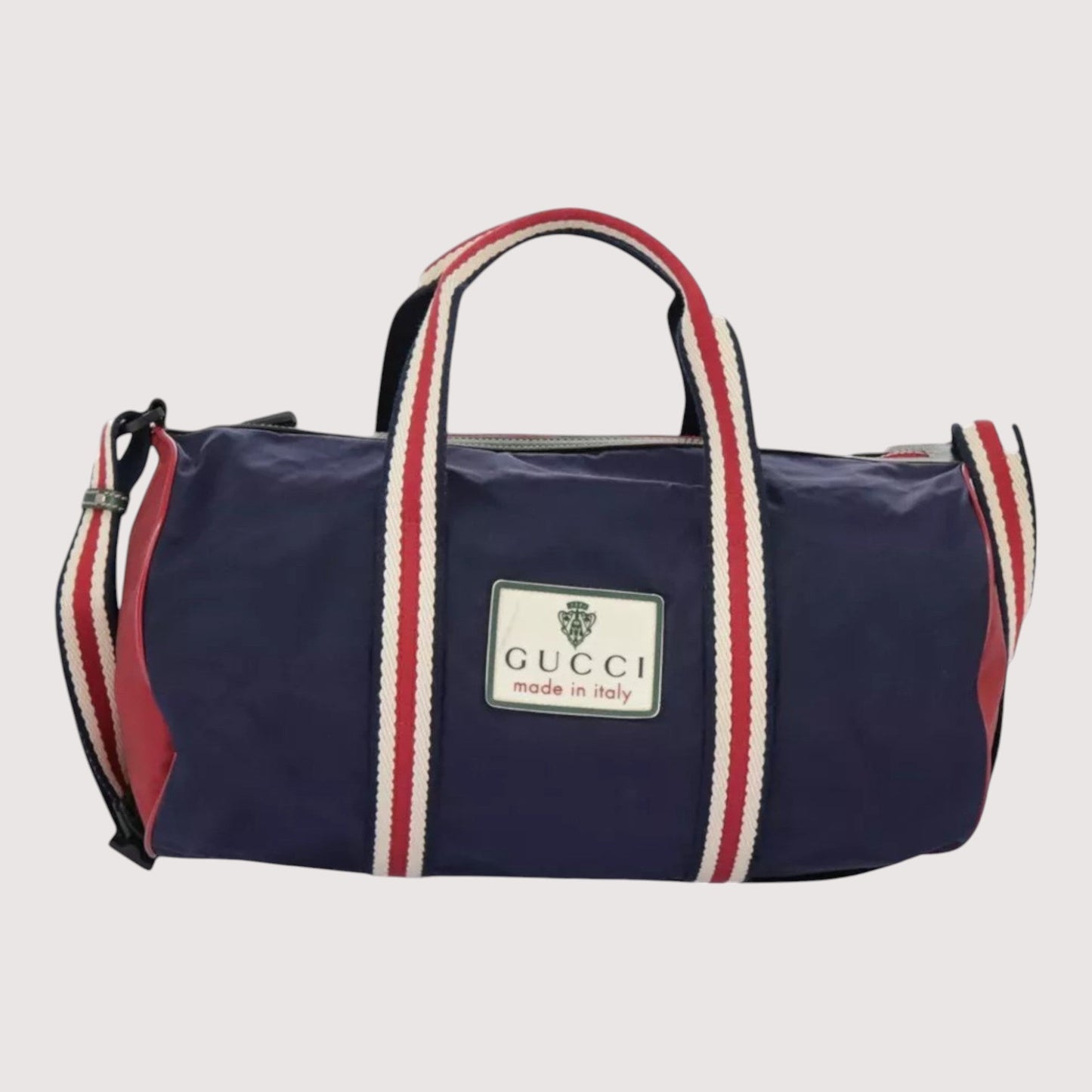 Gucci Sherry Line Hand Bag Nylon 2way Navy Red Shoulder Strap Handle Drop Vintage Unisex Made in Italy