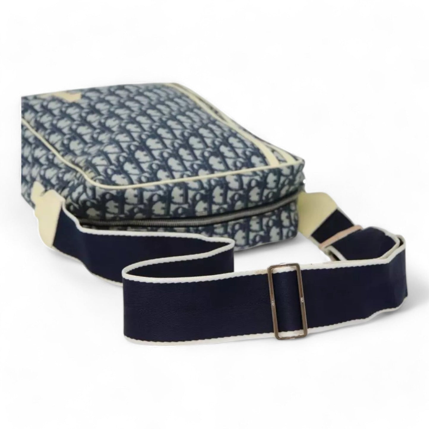 Christian Dior Vintage Trotter Canvas Shoulder Bag Navy Silver Adjustable Strap