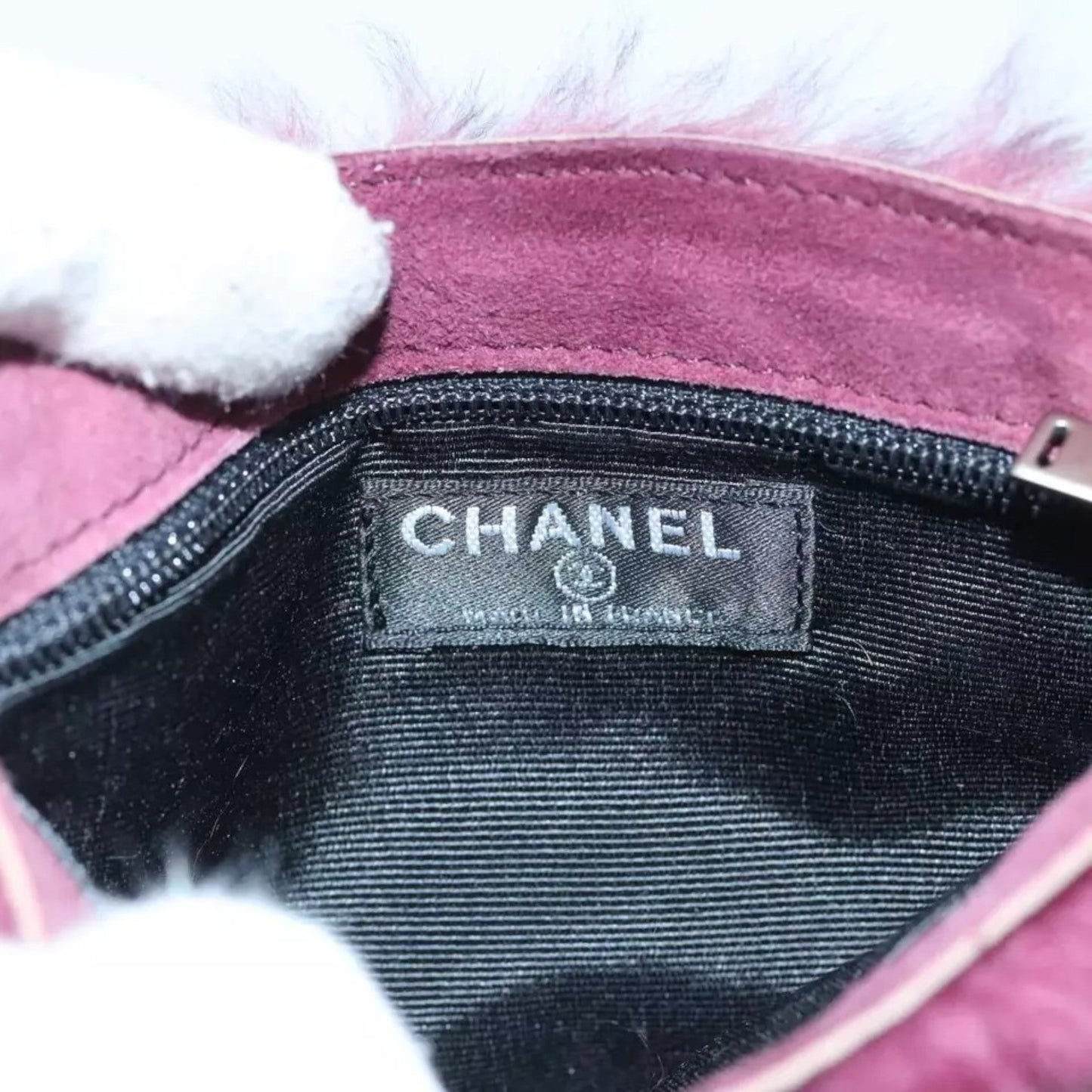 CHANEL Tote Bag Wine Red Brown Silver Fur Women with Pouch