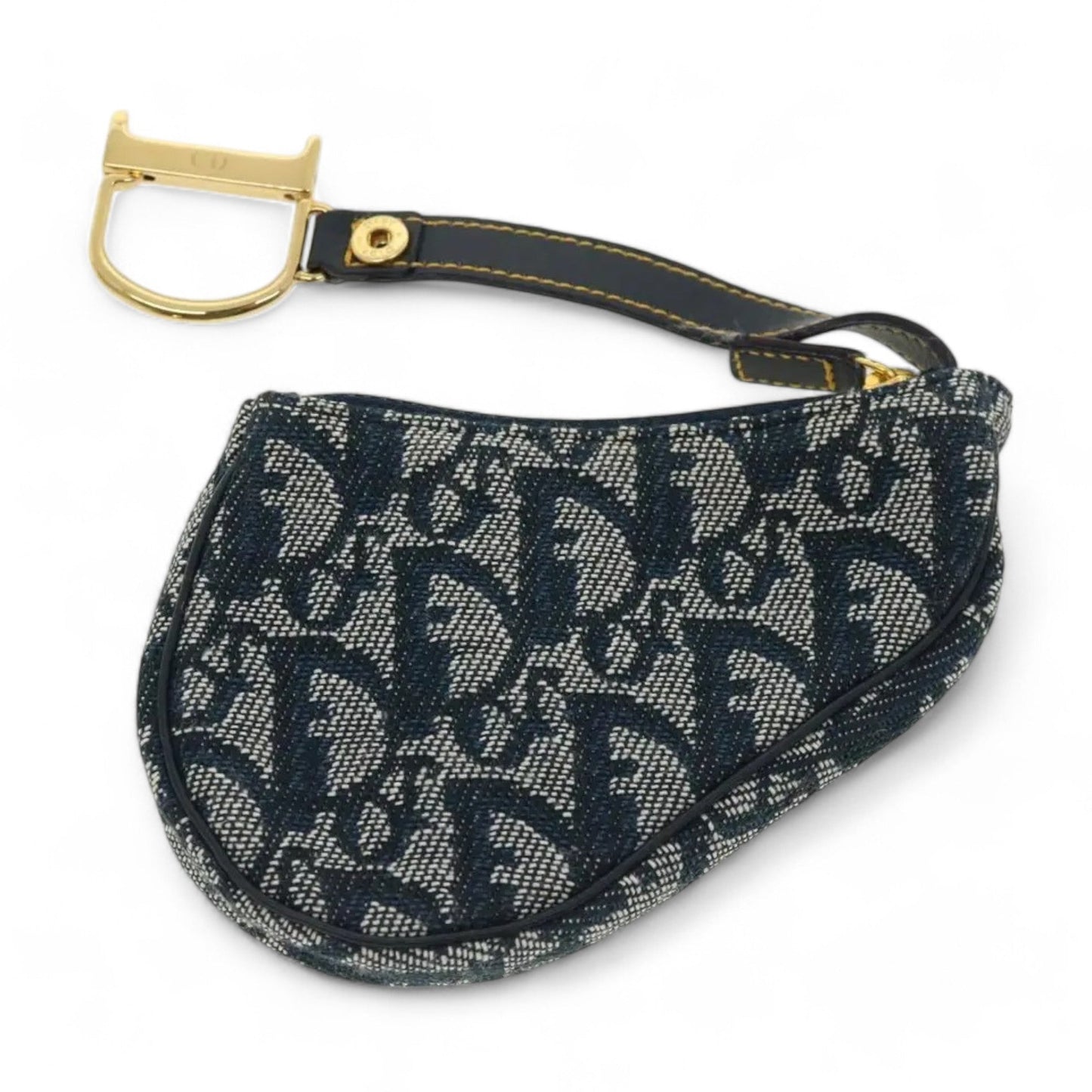 Christian Dior Trotter Canvas Saddle Coin Purse Navy Blue Gold Hardware Women's Handbag