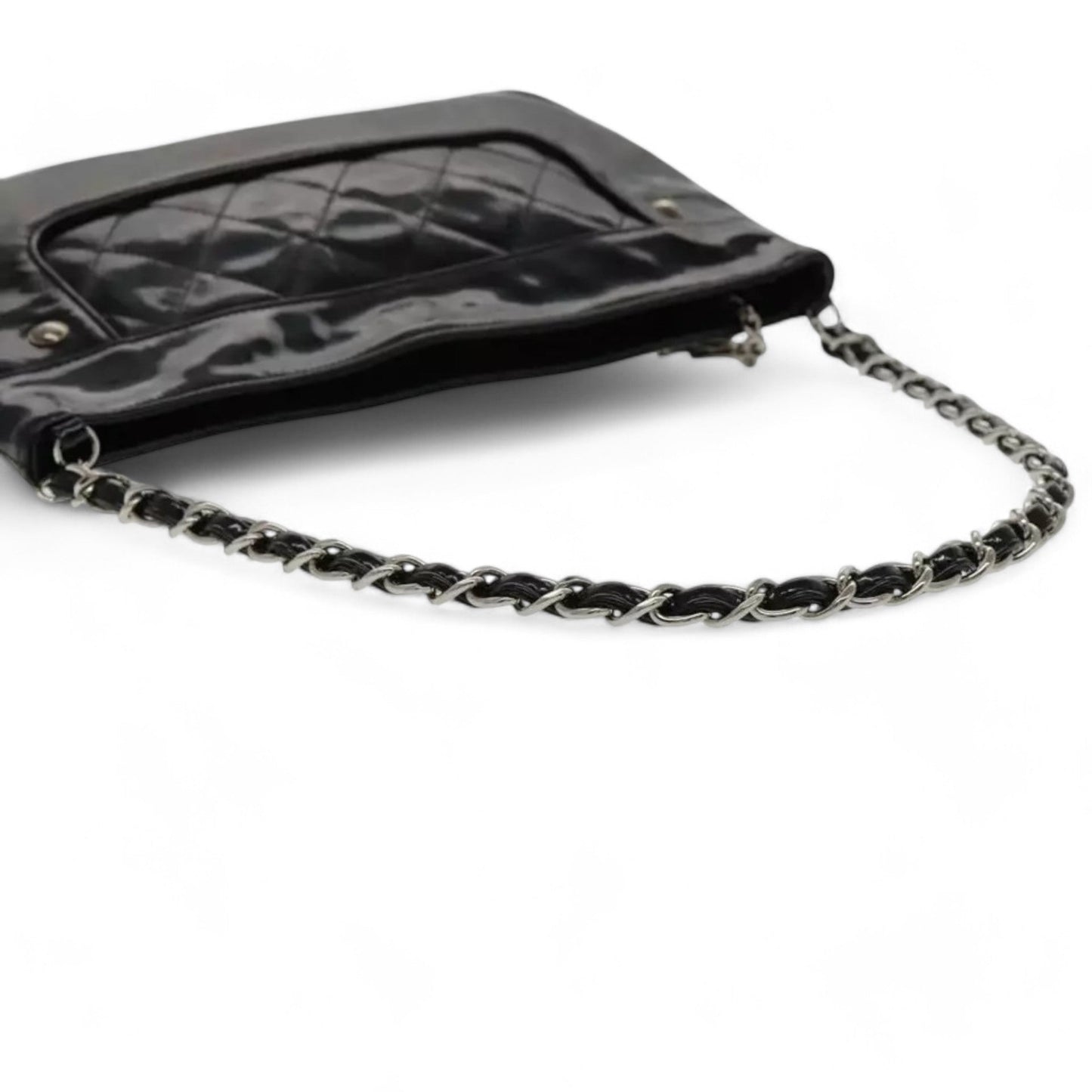 CHANEL Matelasse Chain Shoulder Bag Patent Leather Black Silver CC