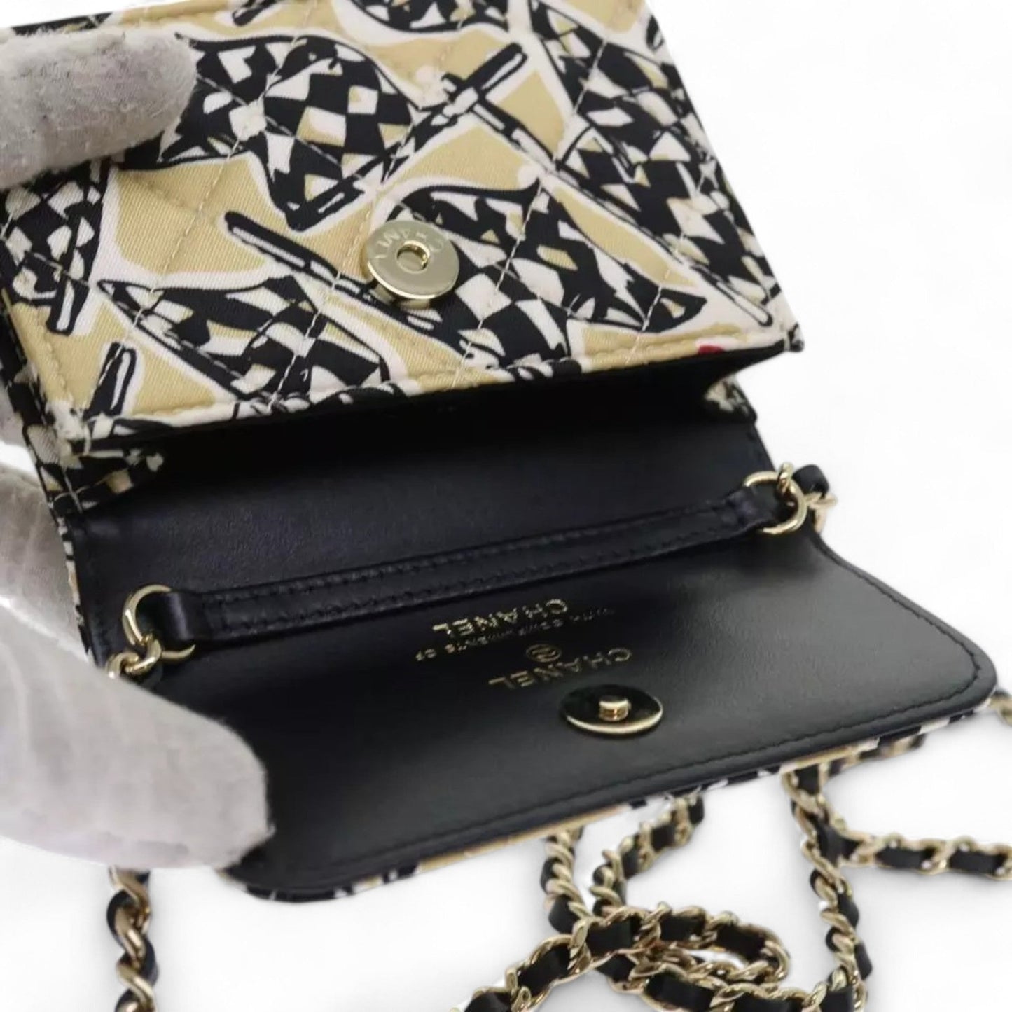 Chanel Mini Matelasse Shoulder Bag Canvas Beige Black CC Logo Chain Strap Women Handbag