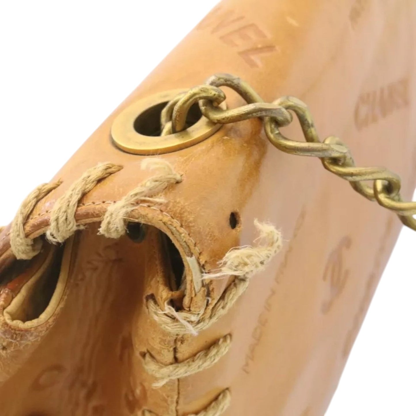 Chanel Raffia Chain Flap Shoulder Bag Beige Leather