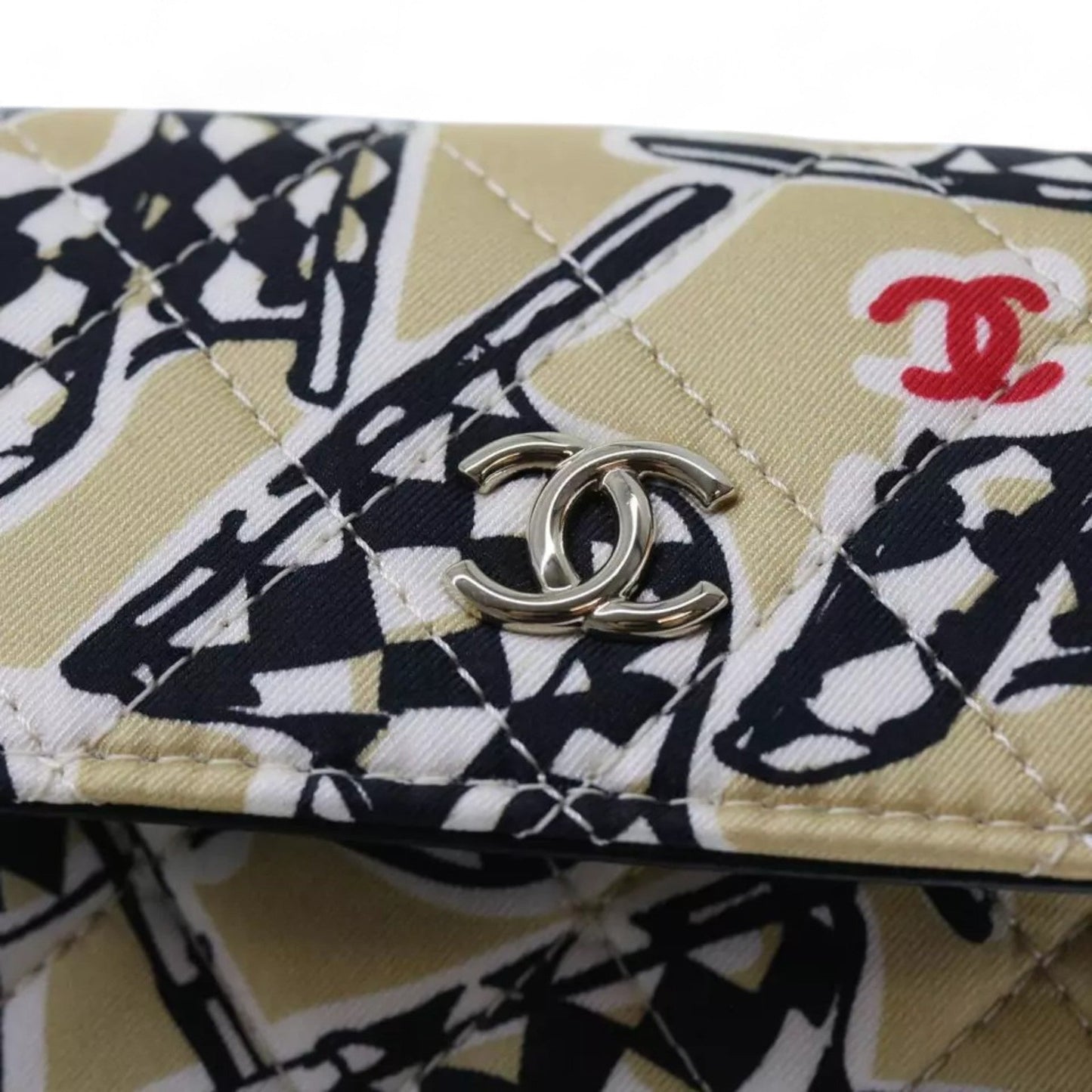 Chanel Mini Matelasse Shoulder Bag Canvas Beige Black CC Logo Chain Strap Women Handbag