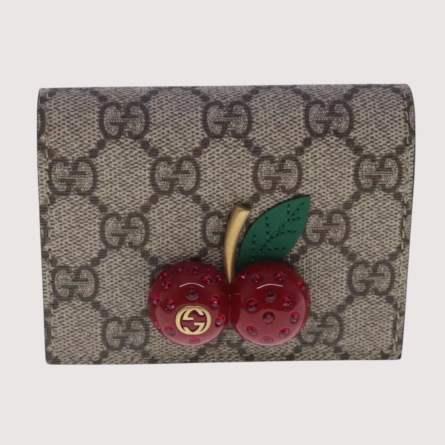 GUCCI GG Supreme Cherry Wallet PVC Leather Beige Red Women's