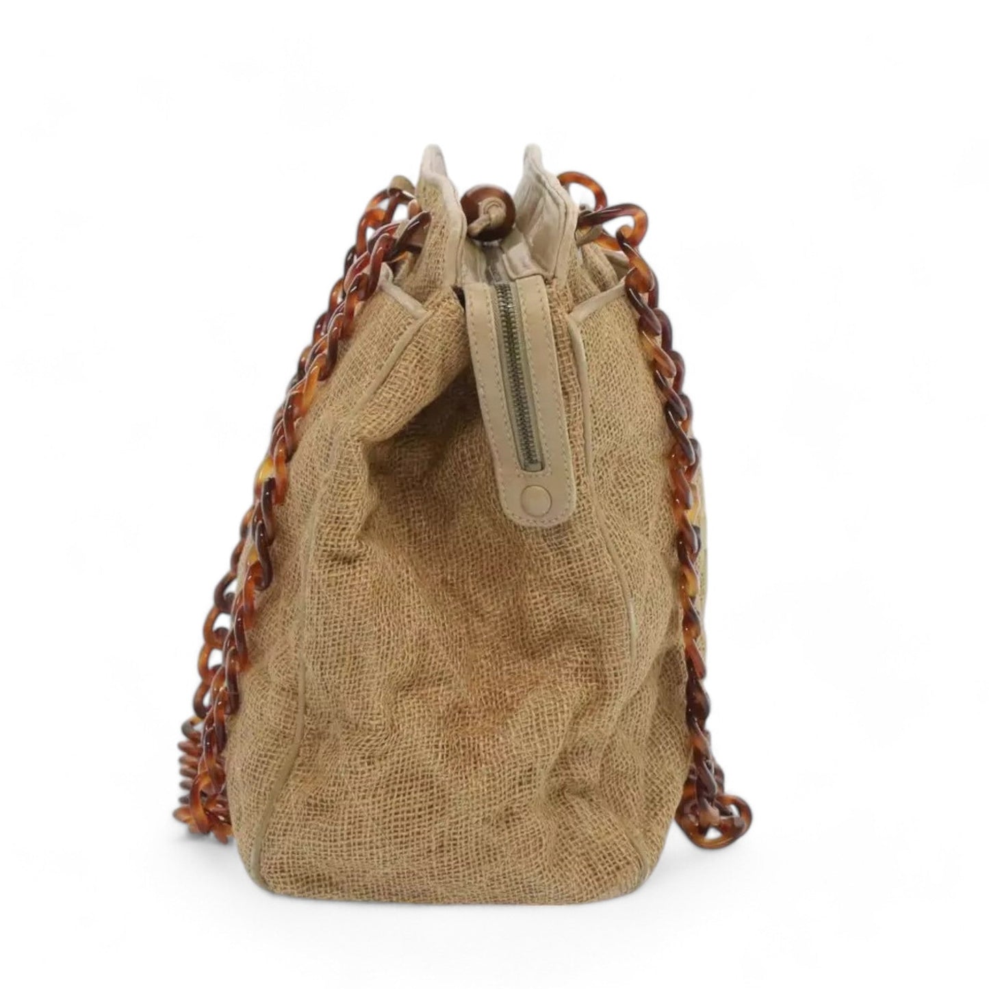 Chanel Matelasse Tote Bag Straw Brown CC Auth Quilted Chain Strap