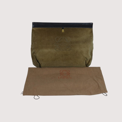 Loewe Suede Clutch Bag Olive Green Unisex Designer Handbag with Dust Bag Vintage Style