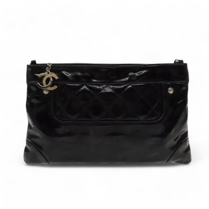 CHANEL Matelasse Chain Shoulder Bag Patent Leather Black Silver CC