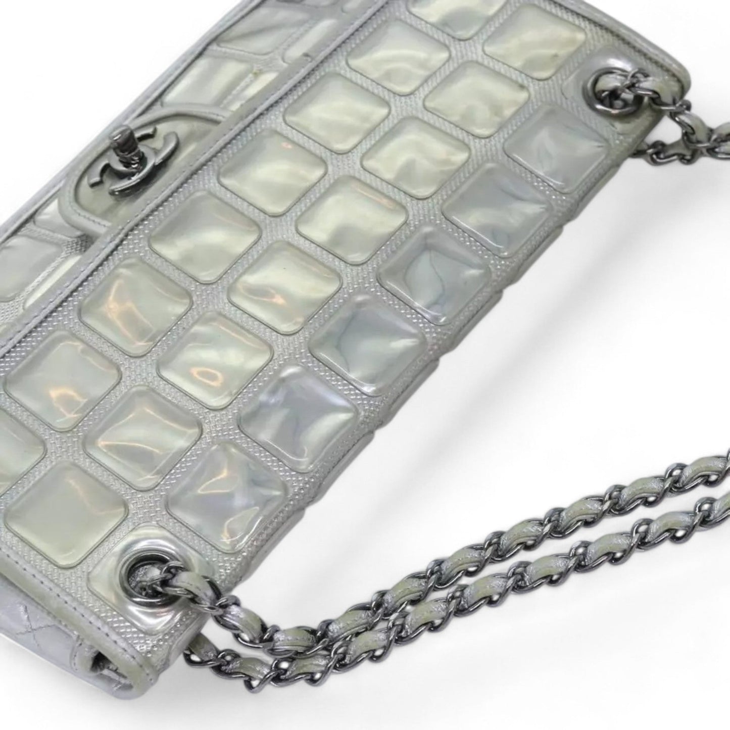 CHANEL Ice Cube Chain Turn Lock Bag Vinyl Silver Shoulder Bag