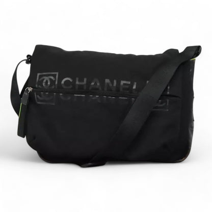 Chanel Sports Shoulder Bag Nylon Black Silver Unisex CC Logo Adjustable Strap