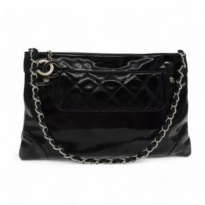 CHANEL Matelasse Chain Shoulder Bag Patent Leather Black Silver CC