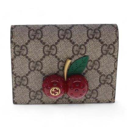 GUCCI GG Supreme Cherry Wallet PVC Leather Beige Red Women's