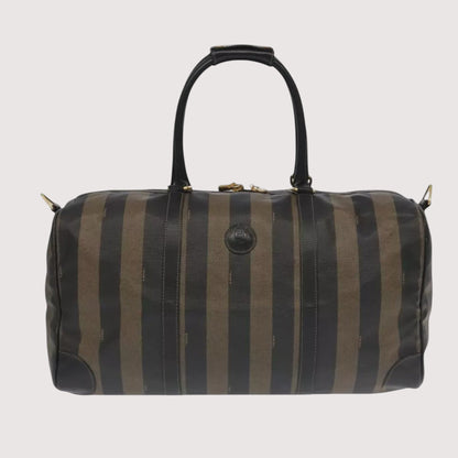 Fendi Pecan Canvas Boston Bag PVC Leather 2way Brown Shoulder Strap Padlock