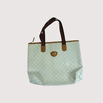 Gucci Plus Tote Bag Beige Canvas Leather Trim Red Green Straps Vintage Women's Handbag Made in Italy