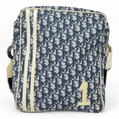 Christian Dior Vintage Trotter Canvas Shoulder Bag Navy Silver Adjustable Strap