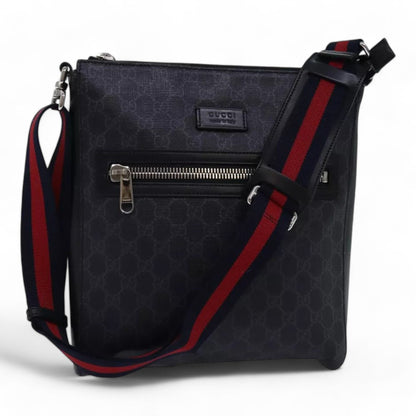 Gucci GG Supreme Sherry Line Shoulder Bag PVC Navy Red Shoulder Strap