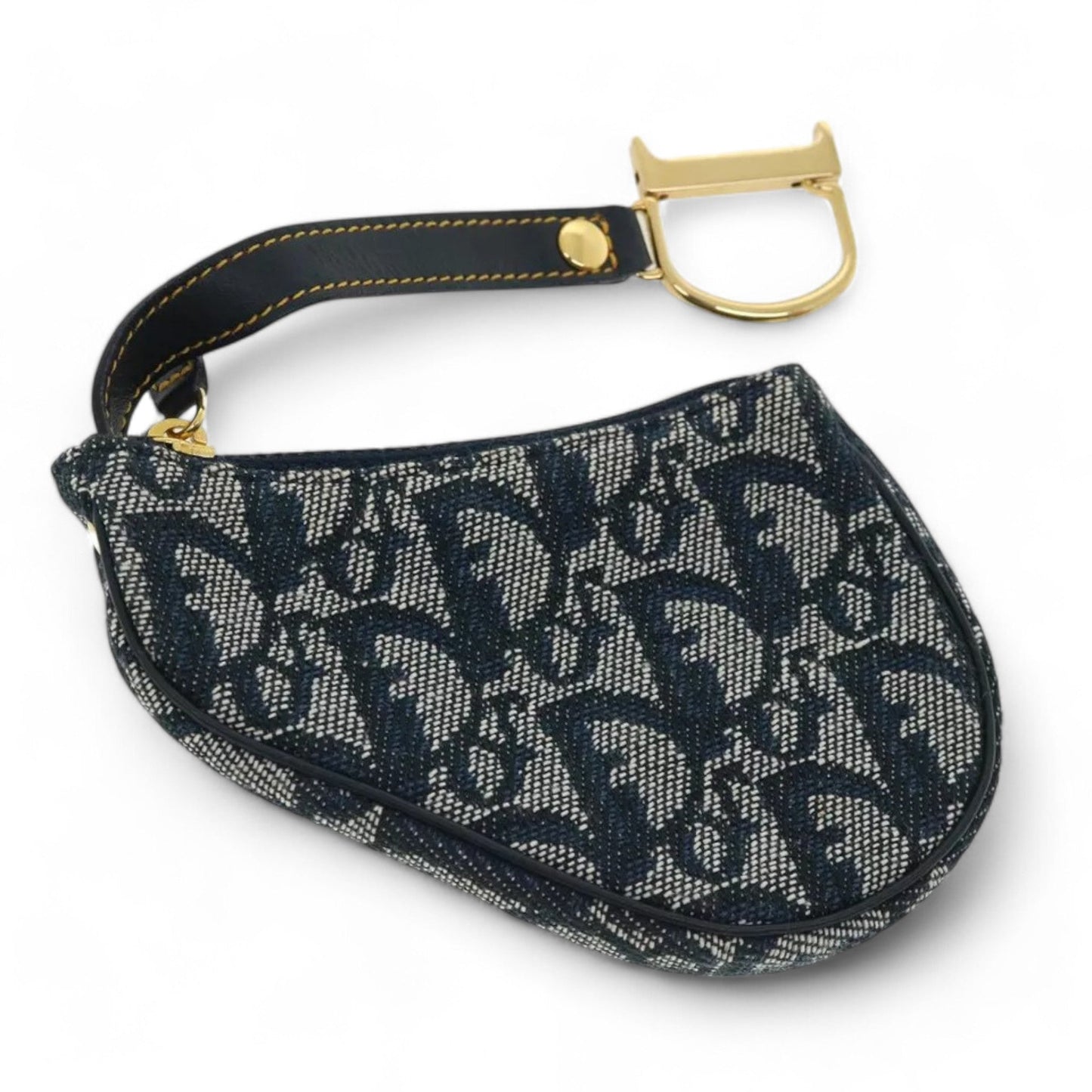 Christian Dior Trotter Canvas Saddle Coin Purse Navy Blue Gold Hardware Women's Handbag