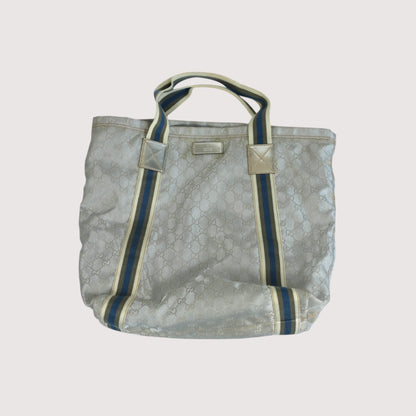 Gucci Tote Bag Silver Blue Striped Handles Unisex Made in Italy Designer Handbag Large