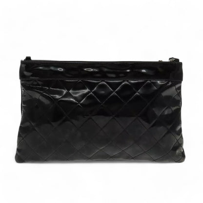 CHANEL Matelasse Chain Shoulder Bag Patent Leather Black Silver CC