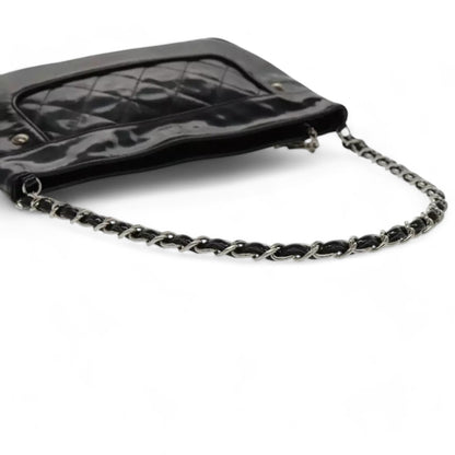 CHANEL Matelasse Chain Shoulder Bag Patent Leather Black Silver CC